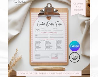 Può includere: Un appunti in legno con un modulo d'ordine per biscotti dal design rosa e bianco. Il modulo include sezioni per le informazioni del cliente e i dettagli dell'ordine. Una penna d'oro è posta sotto. Il testo "Cookie Order Form // Instant Download" è in basso.