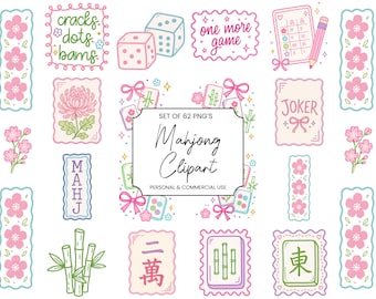 Mahjong PNG Set, Mahjong Clipart Bundle, Coquette Doodle Tiles, Pastel Game Graphics, Instant Digital Download