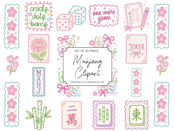 Mahjong PNG Set, Mahjong Clipart Bundle, Coquette Doodle Tiles, Pastel Game Graphics, Instant Digital Download