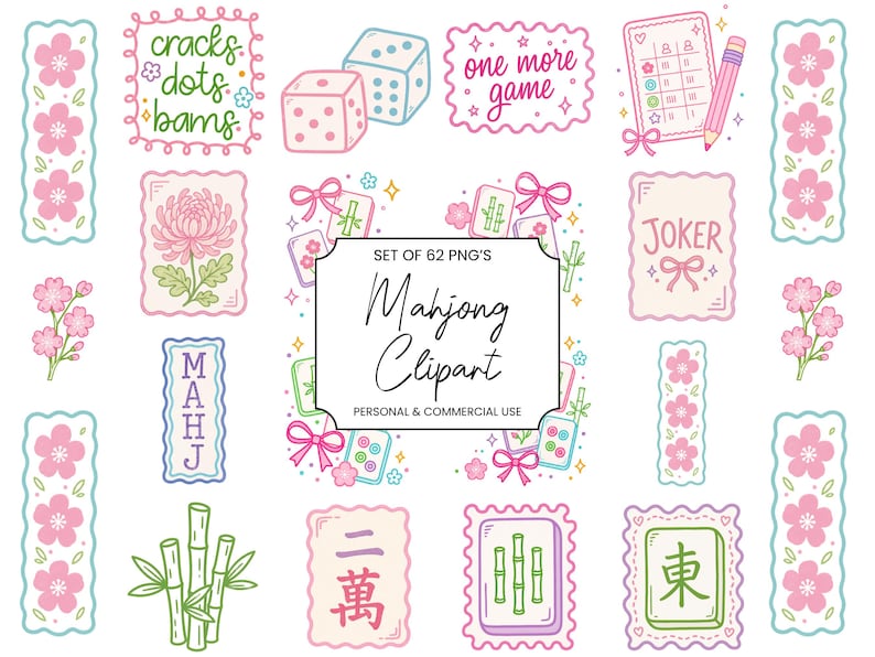 Mahjong clipart bundle preview featuring pastel hand-drawn mahjong tiles, dice, bows, bamboo, cherry blossoms, scorecards, jokers, and game night doodles in pink, green, blue, and lavender with center label reading Mahjong Clipart set of 62 PNGs.