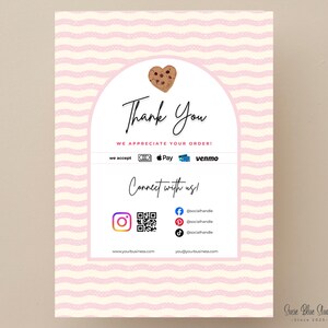 A pink and white wavy patterned card with the words "Thank You" in elegant script. The card includes the text "We appreciate your order!" and icons for payment methods. Social media icons and website information are also displayed.