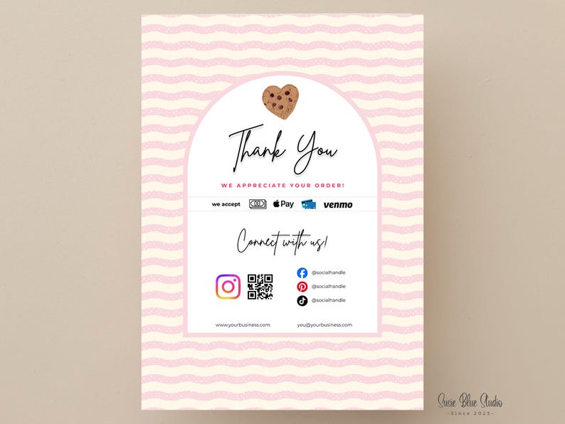 A pink and white wavy patterned card with the words "Thank You" in elegant script. The card includes the text "We appreciate your order!" and icons for payment methods. Social media icons and website information are also displayed.