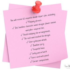 Pink sticky notes held by a red pin. The notes list 62 coquette doodle clipart files, including Mahjong phrases, cherry blossom details, and lucky fan artwork. The Susie Blue Studio logo is in the bottom right corner.