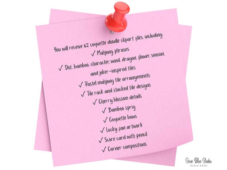 Pink sticky notes held by a red pin. The notes list 62 coquette doodle clipart files, including Mahjong phrases, cherry blossom details, and lucky fan artwork. The Susie Blue Studio logo is in the bottom right corner.