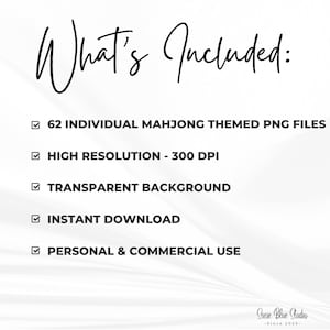 A white background with the text "What's Included:" in a handwritten font. The image lists 62 individual Mahjong themed PNG files, high resolution at 300 DPI, transparent background, instant download, and personal & commercial use.