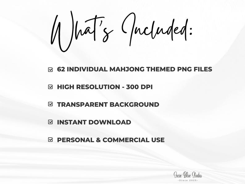 A white background with the text "What's Included:" in a handwritten font. The image lists 62 individual Mahjong themed PNG files, high resolution at 300 DPI, transparent background, instant download, and personal & commercial use.