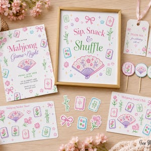 A selection of Mahjong party stationery, including invitations, framed art, gift tags, and stickers. The designs feature a fan, flowers, and game tiles in pastel pink, purple, and green. The framed art reads "Sip, Snack & Shuffle."