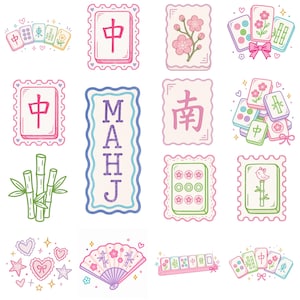 A selection of pastel illustrations featuring Mahjong tiles, bamboo, and cherry blossoms. The word "MAHJ" is displayed vertically. The colour scheme includes pink, green, and blue.