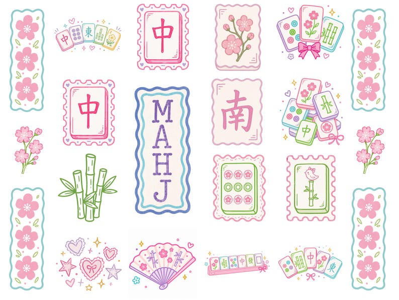 A selection of pastel illustrations featuring Mahjong tiles, bamboo, and cherry blossoms. The word "MAHJ" is displayed vertically. The colour scheme includes pink, green, and blue.