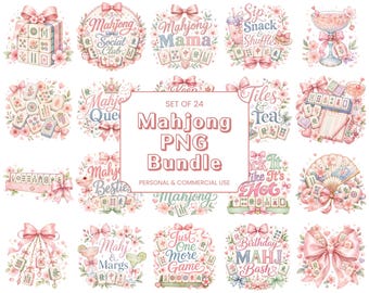 Mahjong PNG Bundle, Mahjong Clipart Set, Watercolor Coquette Game Phrases, Mahjong Social Club, Girls Night Graphics, Digital Download