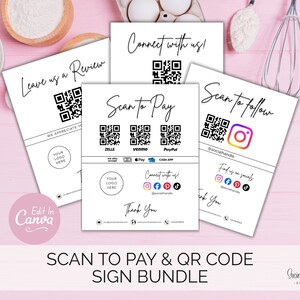 Modèles imprimables pour paiement par scan, panneau de code QR, panneau de paiement pour boulangerie, réseaux sociaux, contactez-nous, laissez un avis, affichage de caisse