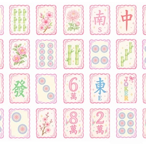 A collection of rectangular mahjong tile clipart arranged in four rows. Each tile features a scalloped pink border and a cream-coloured centre displaying various floral illustrations, green bamboo stalks, circular patterns, Chinese characters, and numbers.