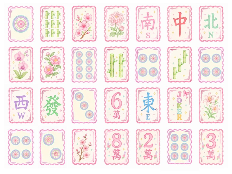 A collection of rectangular mahjong tile clipart arranged in four rows. Each tile features a scalloped pink border and a cream-coloured centre displaying various floral illustrations, green bamboo stalks, circular patterns, Chinese characters, and numbers.
