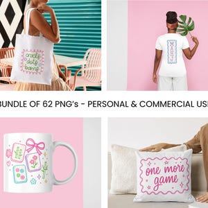 A selection of items in pink and green. The image shows a tote bag, t-shirt, mug, and cushion. The tote bag has the text "cracks dots bams". The t-shirt has the text "MAHJ". The mug and cushion have game-themed designs.