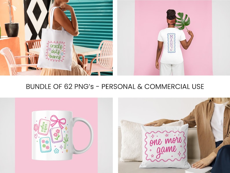 A selection of items in pink and green. The image shows a tote bag, t-shirt, mug, and cushion. The tote bag has the text "cracks dots bams". The t-shirt has the text "MAHJ". The mug and cushion have game-themed designs.