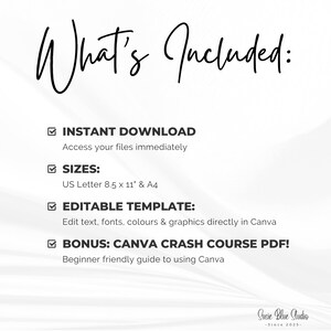 White digital download graphic with the text "What's Included:" in a handwritten font. The image lists instant download, sizes US Letter 8.5 x 11" & A4, editable template, and a bonus Canva crash course PDF.