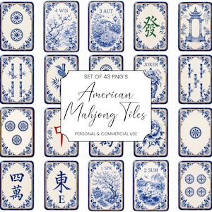 Fichas de Mahjong Azules y Blancas PNG, Paquete de imágenes prediseñadas de Mahjong Americano, Juego de fichas de Mahjong Chinoiserie, Descarga digital PNG Grandmillennial