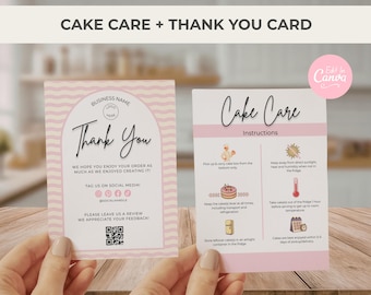 Cake Care Card Canva Template, Home Baker Thank You Card, Editable Cottage Food Packaging Insert, Small Bakery Business Card