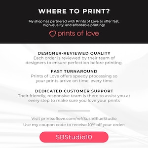 Pu&ograve; includere: Grafica promozionale con il testo "WHERE TO PRINT?" e il logo "Prints of Love". La grafica evidenzia la qualit&agrave; verificata dai designer, la consegna rapida e l'assistenza clienti dedicata. Viene visualizzato anche un codice coupon "SBStudio10".