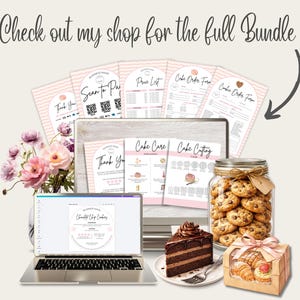 Pu&ograve; includere: Un laptop mostra un business plan, circondato da cancelleria rosa, un barattolo di biscotti, una fetta di torta al cioccolato e una scatola di pasticcini. Il testo "Check out my shop for the full Bundle" &egrave; in alto.