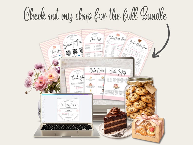 Pu&ograve; includere: Un laptop mostra un business plan, circondato da cancelleria rosa, un barattolo di biscotti, una fetta di torta al cioccolato e una scatola di pasticcini. Il testo "Check out my shop for the full Bundle" &egrave; in alto.