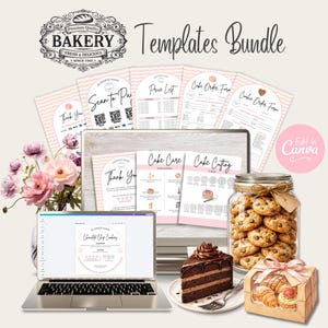Bewerkbare Cottage Bakery-sjablonen: onderhoudskaart cake, bestelformulieren, scan-to-pay-bordje, prijslijst, menu, onderhoudskaart koekjes, etiket cottage-voedsel