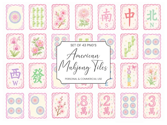 Mahjong PNG Set, American Mahjong Tiles, Mahjong Clipart Bundle, Coquette Doodle Tiles, Pastel Game Graphics, Instant Digital Download
