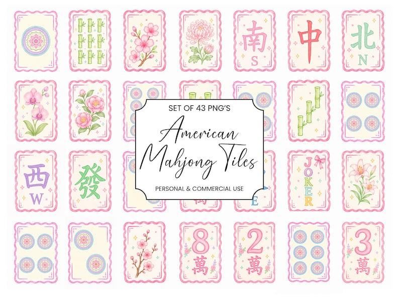Preview image showing a bundle of 43 pastel American Mahjong tile PNG designs in a feminine coquette style. The tiles feature soft pink scalloped borders, watercolor-inspired details, traditional Mahjong suits including Bams, Dots, and Craks, plus Winds, Dragons, Flowers, and a Joker tile. A centered label reads “Set of 43 PNG’s American Mahjong Tiles – Personal & Commercial Use.”