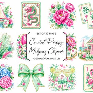 Peut inclure: Une collection numérique de 30 illustrations à l'aquarelle comprenant des tuiles de mah-jong, des pivoines roses, des hortensias bleus, des voiliers, une maison de plage, des palmes, des cocktails et des nœuds. Le texte central indique SET OF 30 PNG'S.