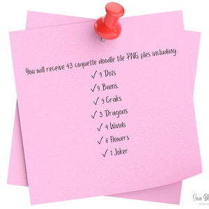 A pink square sticky note secured by a red pushpin, featuring black text: You will receive 43 coquette doodle tile PNG files including: 9 Dots, 9 Bams, 9 Craks, 3 Dragons, 4 Winds, 8 Flowers, 1 Joker. The bottom right corner displays Susie Blue Studio.