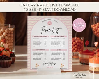 Può includere: Un modello di listino prezzi di panetteria rosa e bianco con il testo "BAKERY PRICE LIST TEMPLATE" e "4 SIZES - INSTANT DOWNLOAD". Il listino prezzi include il testo "The Butter & Bloom Bakery" e "Price List". L'immagine include anche cupcakes, torte e biscotti.