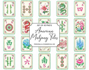 Mahjong PNG Set, Green American Mahjong Tiles, Mahjong Clipart Bundle, Luxe Chinoiserie Grandmillenial Game Graphics, Digital Download