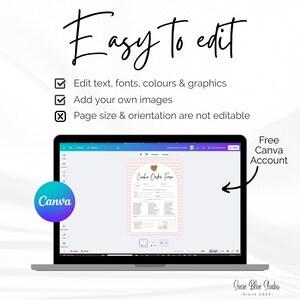 Pu&ograve; includere: Un laptop mostra un modello Canva per un modulo d'ordine di biscotti. Lo schermo mostra un design rosa e bianco con campi di testo. Le parole "Easy to edit" sono in alto, con segni di spunta e un logo Canva.