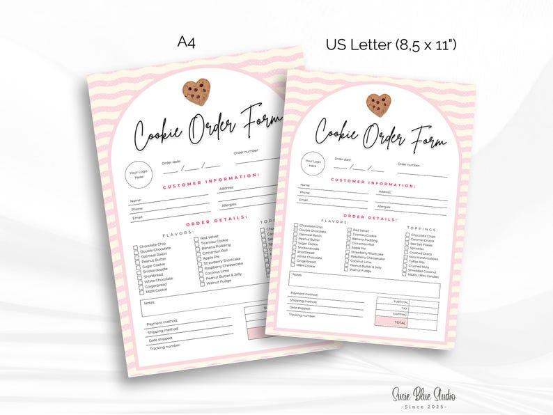Cookie order form template available in US Letter and A4 sizes, designed for printing or digital use