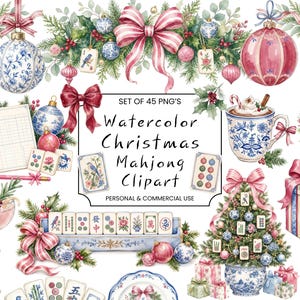 Peut inclure: Une collection d'illustrations aquarelles de Noël Mahjong avec des ornements bleus et blancs, des nœuds rouges, un sapin décoré, une tasse, des cadeaux et des tuiles de Mahjong. Le texte indique : SET OF 45 PNG'S Watercolor Christmas Mahjong Clipart.