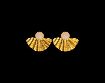 Rose Quartz Fan Earrings, 24K Gold Plated Statement Stud Earrings, Gold Shell Earrings, Pink Stone Earrings Gift for Her