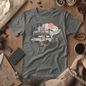 Digital Van Nomad T-Shirt | Retro Mountain Camping Scene, Comfort Colors® Pepper