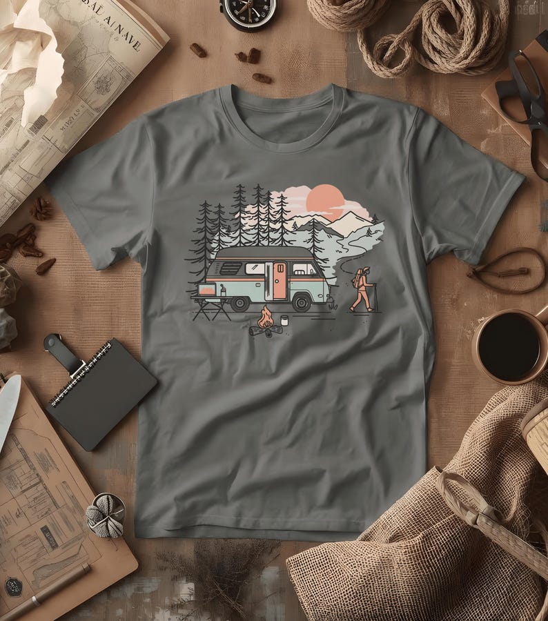 Digital Van Nomad T-Shirt | Retro Mountain Camping Scene, Comfort Colors® Pepper