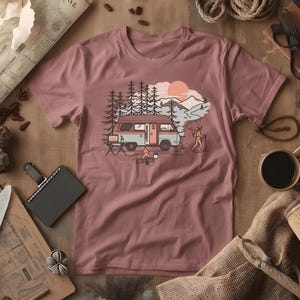 Digital Van Nomad T-Shirt | Retro Mountain Camping Scene, Comfort Colors® Brick