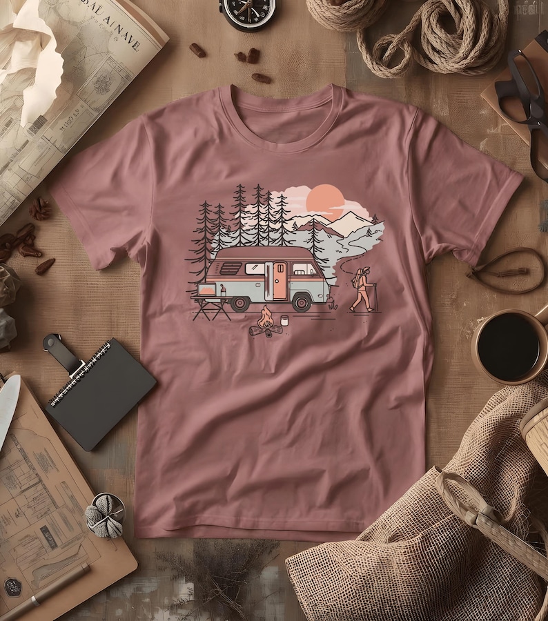 Digital Van Nomad T-Shirt | Retro Mountain Camping Scene, Comfort Colors® Brick