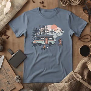 Digital Van Nomad T-Shirt | Retro Mountain Camping Scene, Comfort Colors® Blue Jean