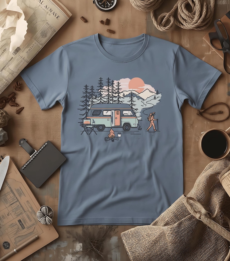 Digital Van Nomad T-Shirt | Retro Mountain Camping Scene, Comfort Colors® Blue Jean