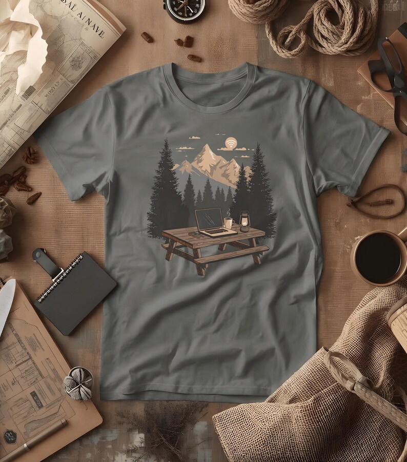 T-shirt med scen från Nomadic Workspace Camp Desk | Distansarbete, Lykta, Tallar, Comfort Colors® Pepper