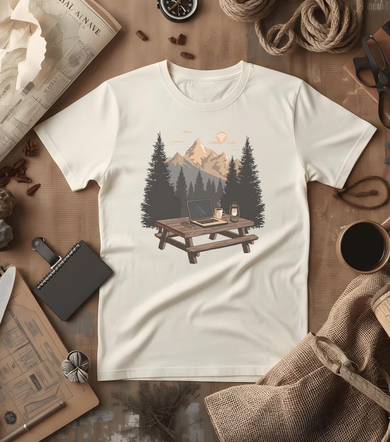 T-shirt med scen från Nomadic Workspace Camp Desk | Distansarbete, Lykta, Tallar, Comfort Colors® Ivory