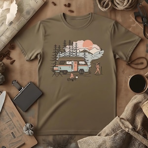 Digital Van Nomad T-Shirt | Retro Mountain Camping Scene, Comfort Colors® Espresso