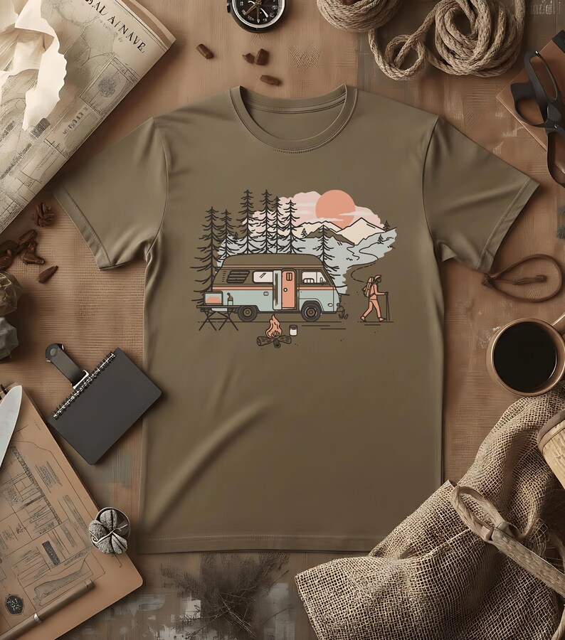 Digital Van Nomad T-Shirt | Retro Mountain Camping Scene, Comfort Colors® Espresso