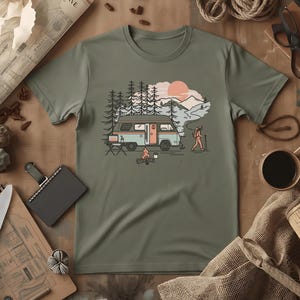 Digital Van Nomad T-Shirt | Retro Mountain Camping Scene, Comfort Colors® Moss