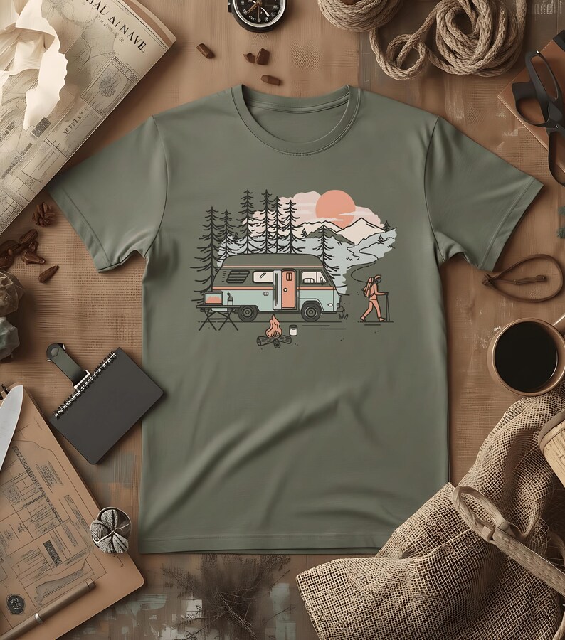 Digital Van Nomad T-Shirt | Retro Mountain Camping Scene, Comfort Colors® Moss