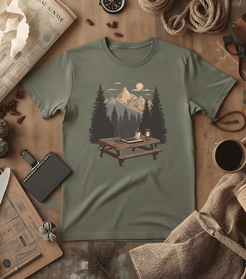 T-shirt med scen från Nomadic Workspace Camp Desk | Distansarbete, Lykta, Tallar, Comfort Colors® Moss