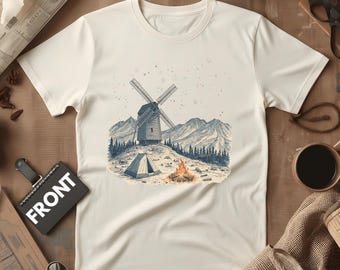 Windmühlen-Wanderung Lagerfeuer-Nachtgebirgsszene T-Shirt | Zelt, Sterne, Comfort Colors®